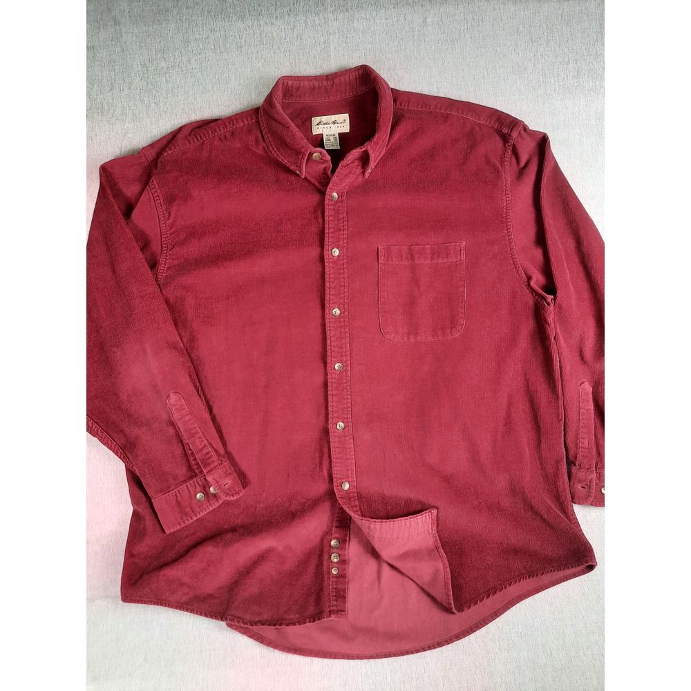 Eddie Bauer Mens 2XL Regular Corduroy Button Shirt Long Sleeve Maroon Red Cotton